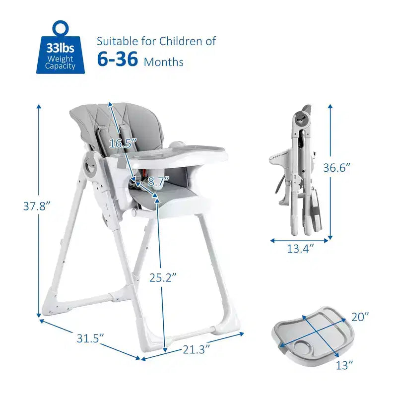Baby High Chair with Adjustable Height, Recline & Removable Tray