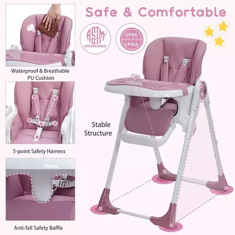 Baby High Chair with Adjustable Height, Recline & Removable Tray