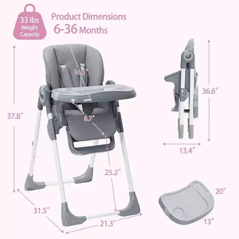 Baby High Chair with Adjustable Height, Recline & Removable Tray
