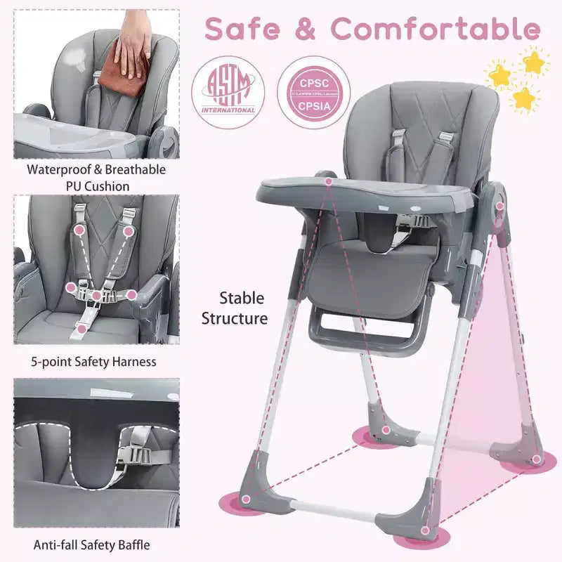Baby High Chair with Adjustable Height, Recline & Removable Tray