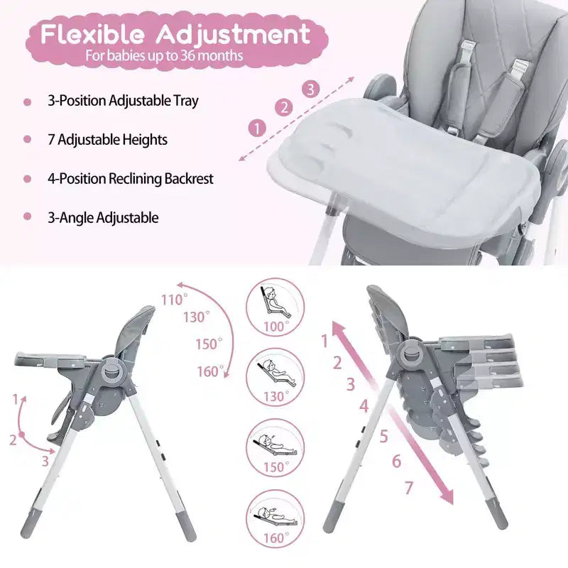 Baby High Chair with Adjustable Height, Recline & Removable Tray