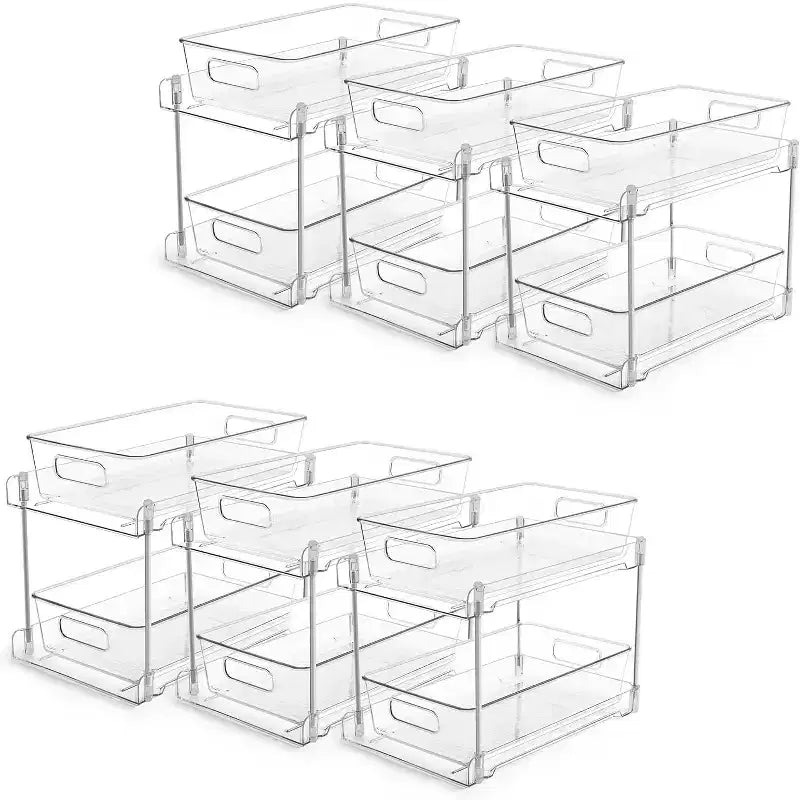 Vtopmart 2 Tier Clear 6 Pack Pull-Out Organizer with Track, for Under Sink, Vanity Storage, Cabinet Drawers Bins