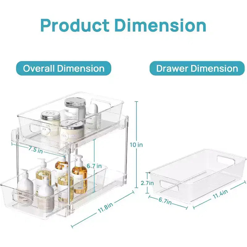 2-Tier Clear Pull-Out Organizer with Track for Under Sink, Vanity & Cabinet Storage
