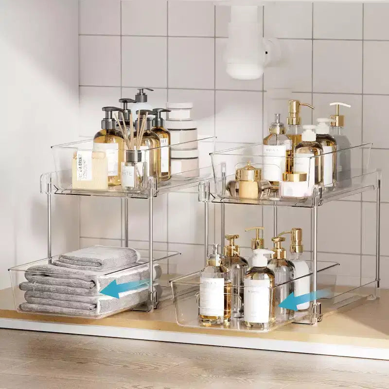 2-Tier Clear Pull-Out Organizer with Track for Under Sink, Vanity & Cabinet Storage