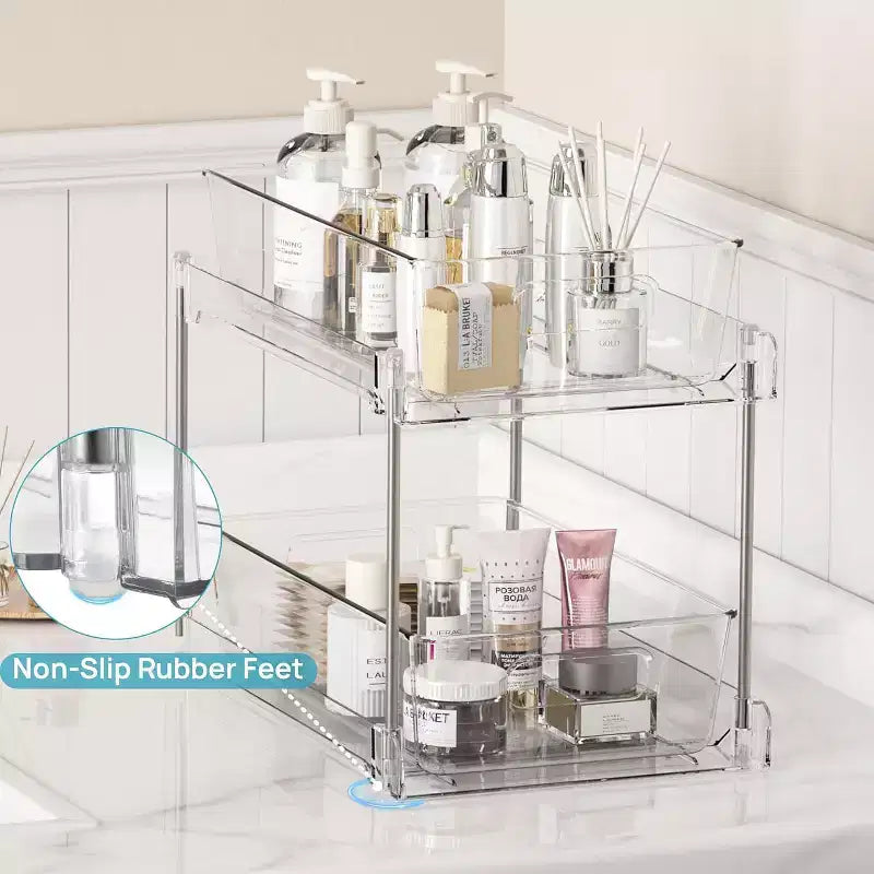 2-Tier Clear Pull-Out Organizer with Track for Under Sink, Vanity & Cabinet Storage