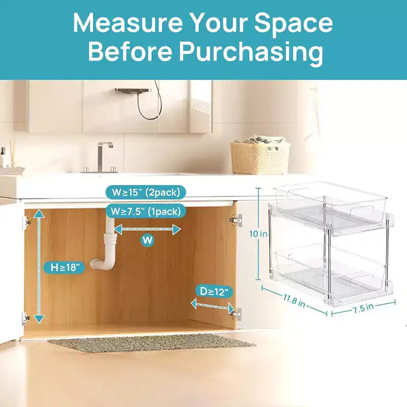 2-Tier Clear Pull-Out Organizer with Track for Under Sink, Vanity & Cabinet Storage