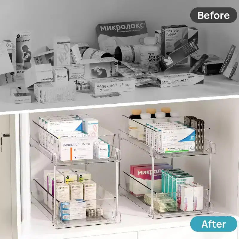 2-Tier Clear Pull-Out Organizer with Track for Under Sink, Vanity & Cabinet Storage