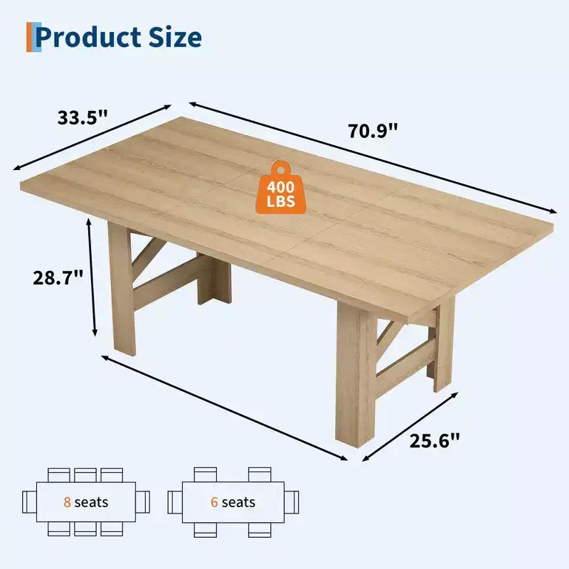 70.87" Large Farmhouse Dining Table for 6-8, Rectangular Kitchen Table with Heavy Duty X-Shaped Steel Frame & Thick Wood Grain Top