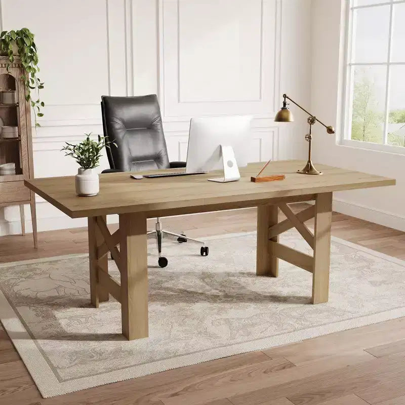 70.87" Large Farmhouse Dining Table for 6-8, Rectangular Kitchen Table with Heavy Duty X-Shaped Steel Frame & Thick Wood Grain Top