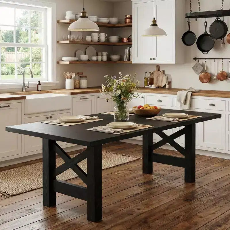 70.87" Large Farmhouse Dining Table for 6-8, Rectangular Kitchen Table with Heavy Duty X-Shaped Steel Frame & Thick Wood Grain Top