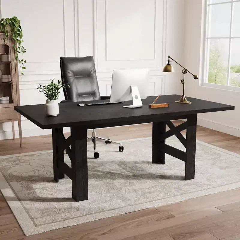 70.87" Large Farmhouse Dining Table for 6-8, Rectangular Kitchen Table with Heavy Duty X-Shaped Steel Frame & Thick Wood Grain Top