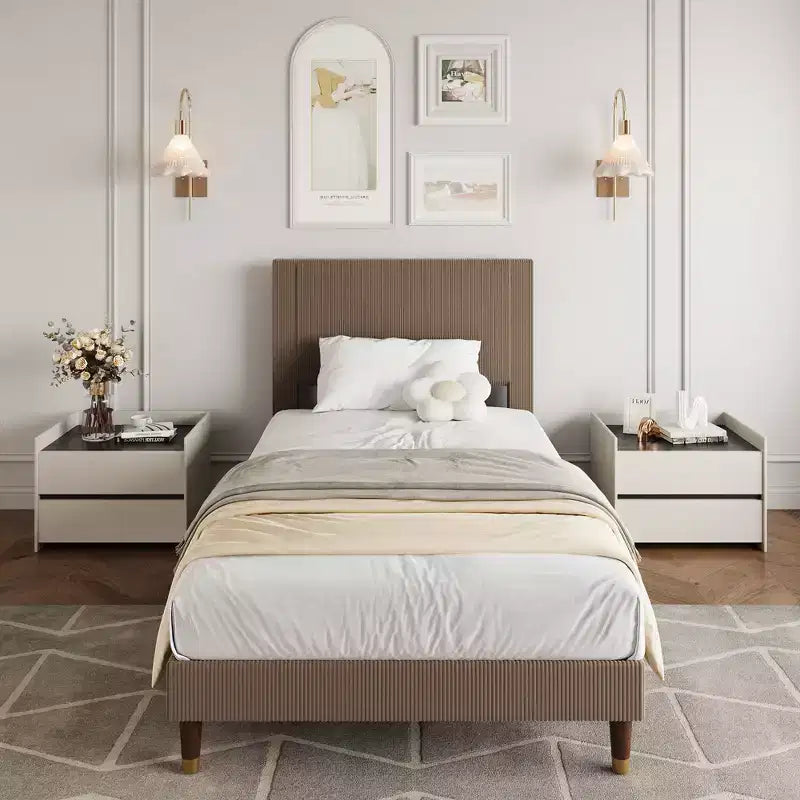 Corduroy Upholstered Platform Bed Frame with Headboard