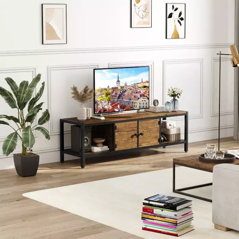 58-Inch Wide TV Console with Storage Cabinet and Adjustable Feet, Compatible with TVs Up to 75 Inches