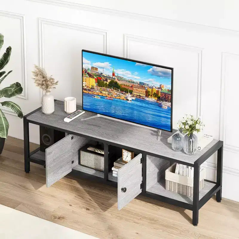 58-Inch Wide TV Console with Storage Cabinet and Adjustable Feet, Compatible with TVs Up to 75 Inches