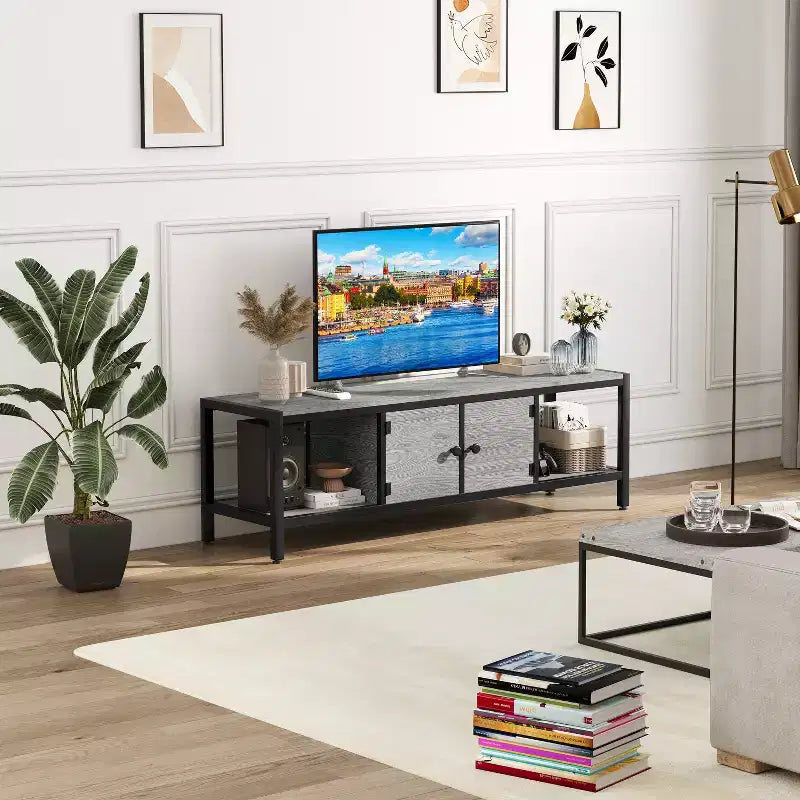 58-Inch Wide TV Console with Storage Cabinet and Adjustable Feet, Compatible with TVs Up to 75 Inches
