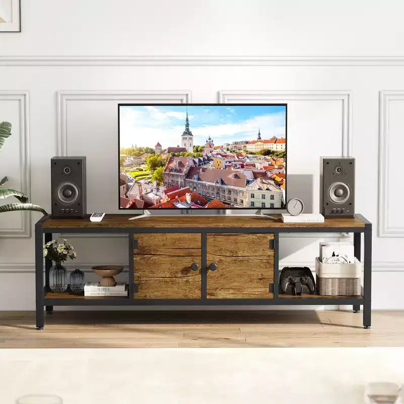 58-Inch Wide TV Console with Storage Cabinet and Adjustable Feet, Compatible with TVs Up to 75 Inches