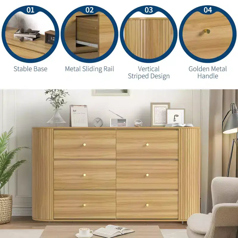 6-Drawer Farmhouse Dresser | Curved Edge, Metal Handles | Bedroom & Living Room Storage