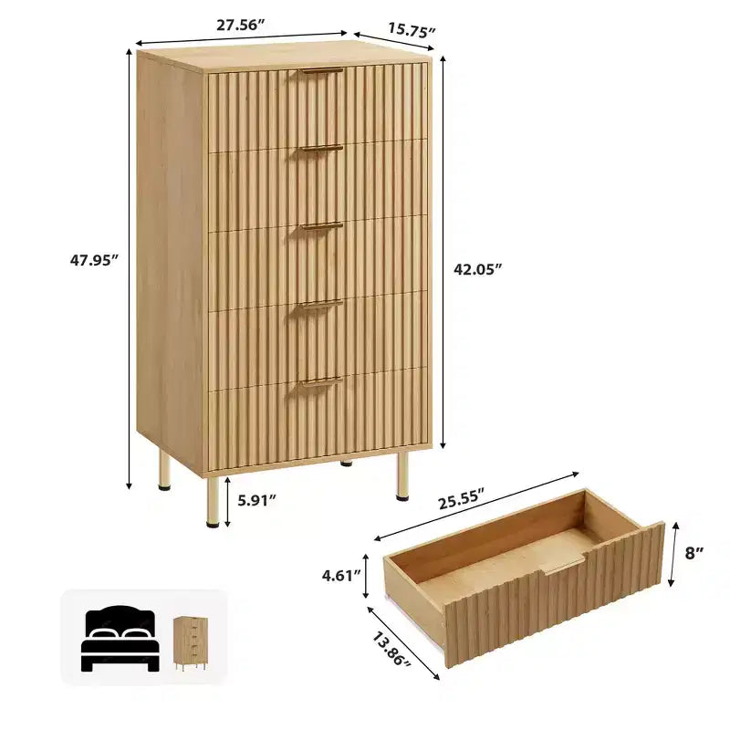 5-Drawer Black Dresser 48" Tall Wooden Chest with Deep Storage & Wide Top