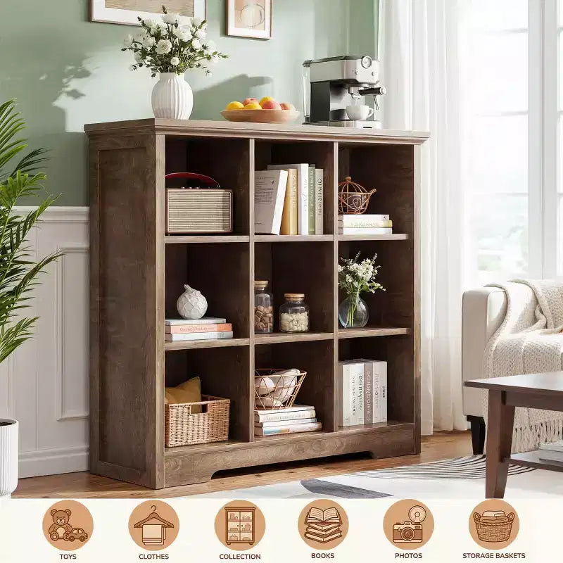 9 Cube Bookshelf with Charging Station, Floor Cubby Toy Organizer