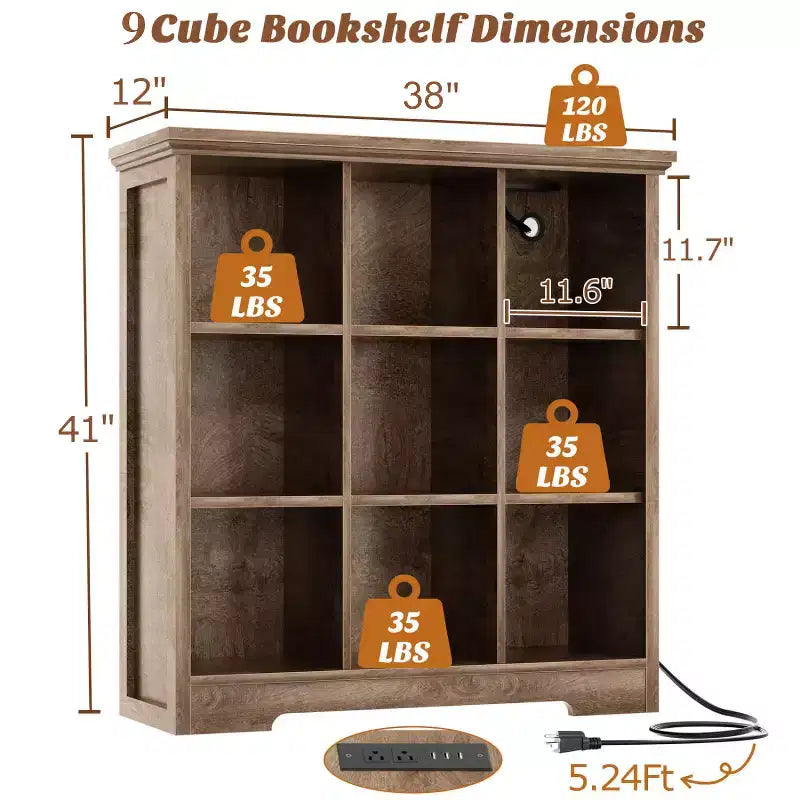 9 Cube Bookshelf with Charging Station, Floor Cubby Toy Organizer