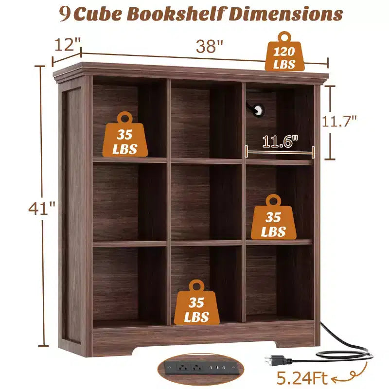 9 Cube Bookshelf with Charging Station, Floor Cubby Toy Organizer