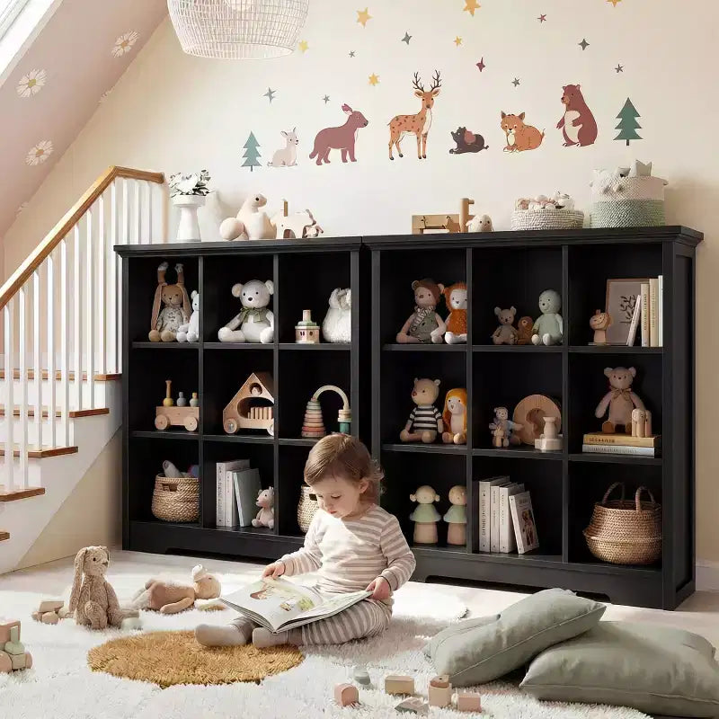 9 Cube Bookshelf with Charging Station, Floor Cubby Toy Organizer