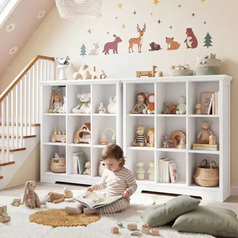 9 Cube Bookshelf with Charging Station, Floor Cubby Toy Organizer