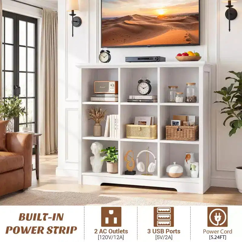 9 Cube Bookshelf with Charging Station, Floor Cubby Toy Organizer