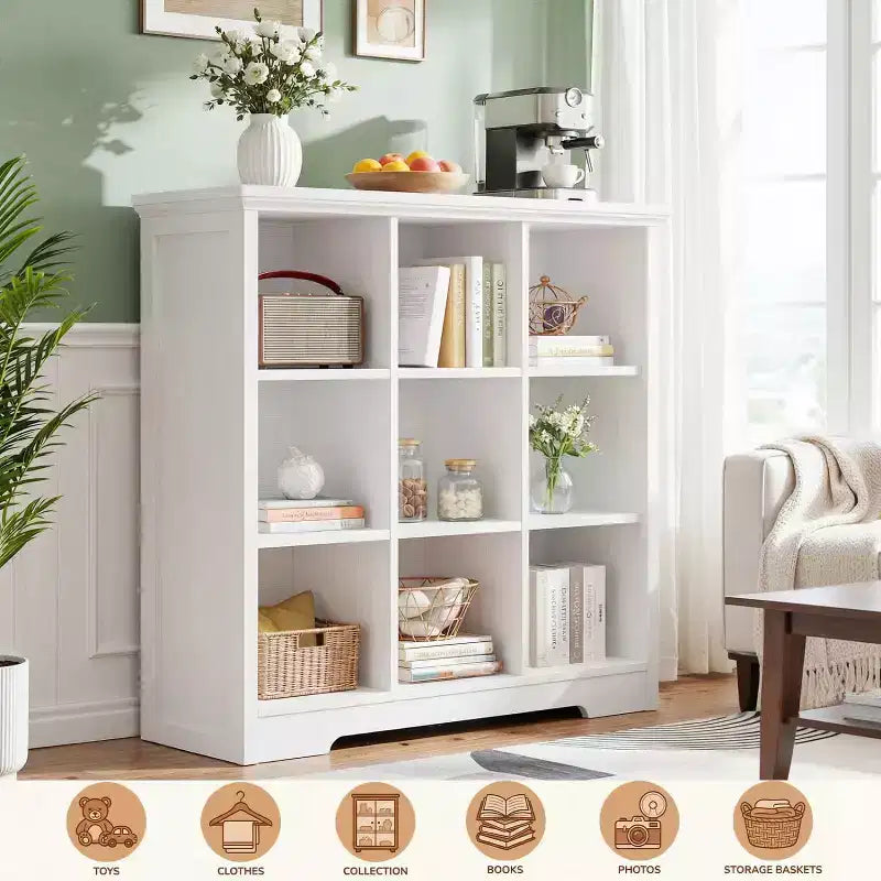 9 Cube Bookshelf with Charging Station, Floor Cubby Toy Organizer