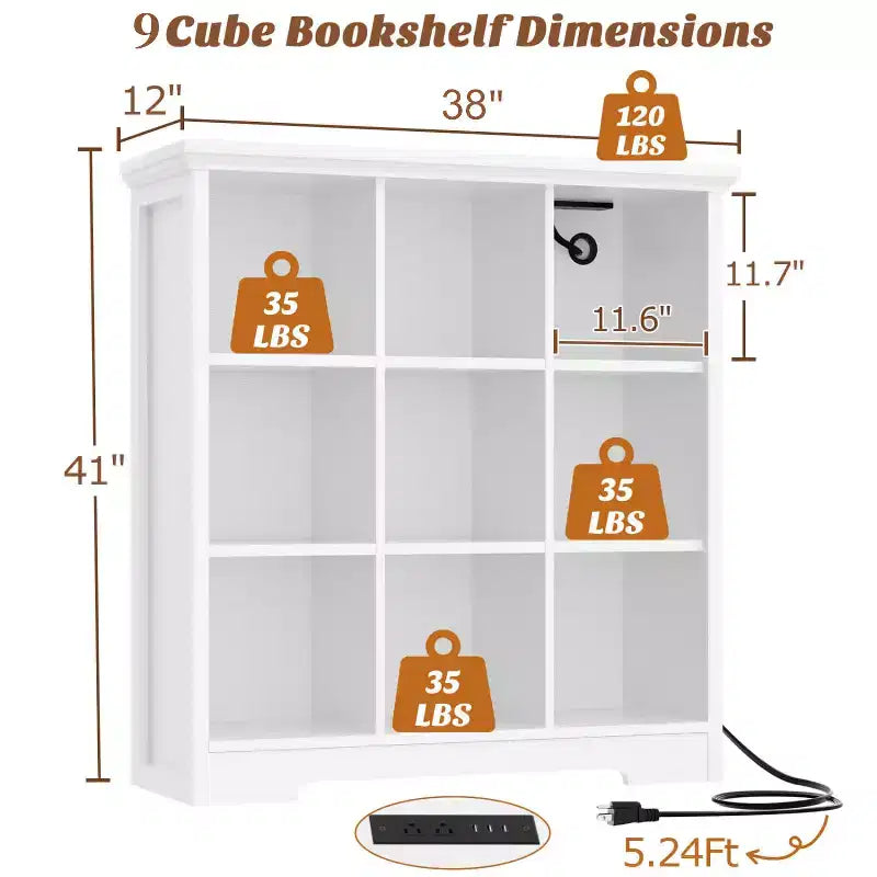 9 Cube Bookshelf with Charging Station, Floor Cubby Toy Organizer