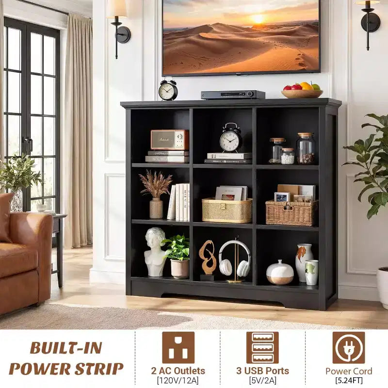 9 Cube Bookshelf with Charging Station, Floor Cubby Toy Organizer