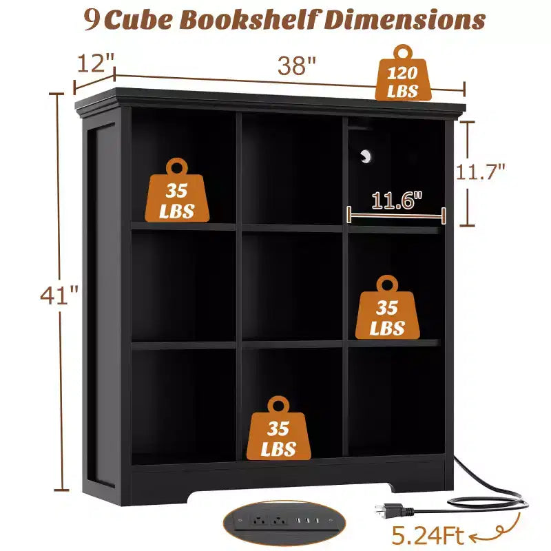 9 Cube Bookshelf with Charging Station, Floor Cubby Toy Organizer