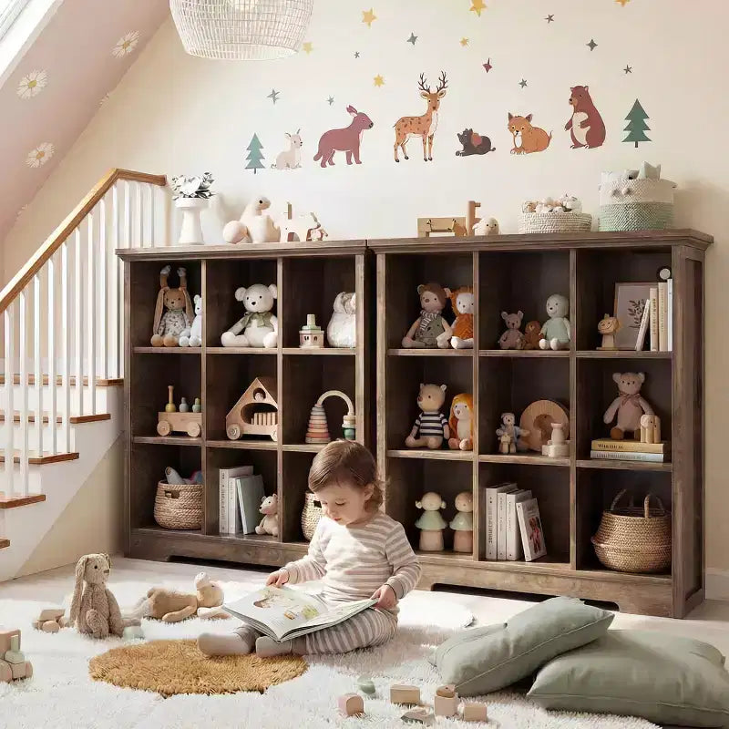 9 Cube Bookshelf with Charging Station, Floor Cubby Toy Organizer