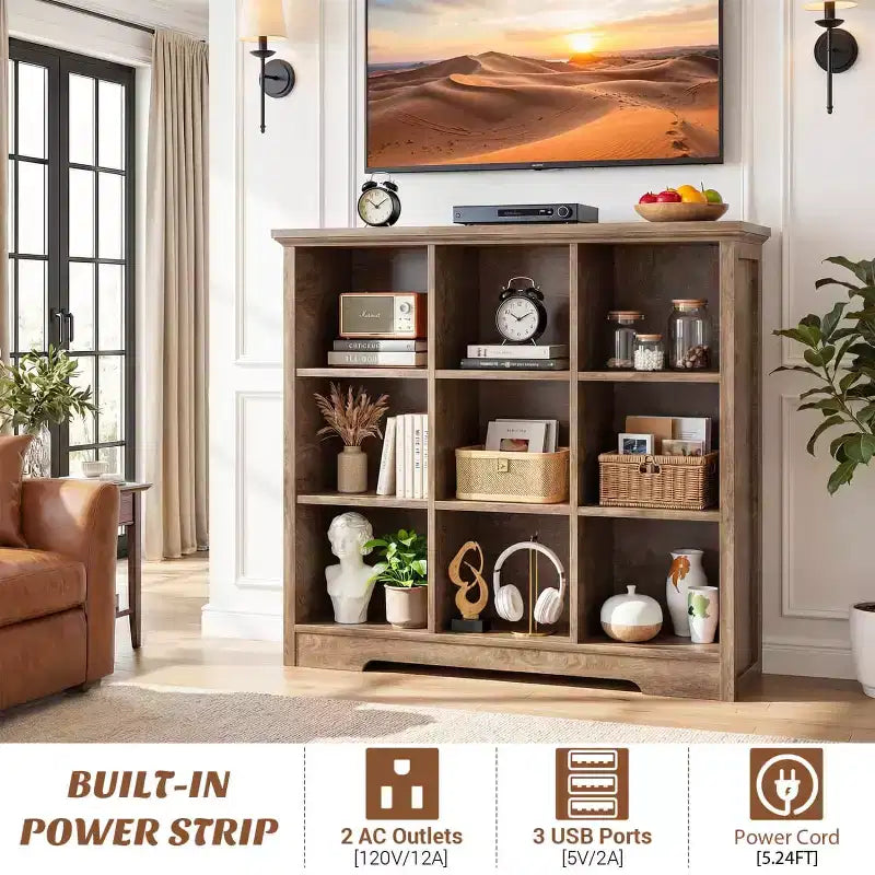 9 Cube Bookshelf with Charging Station, Floor Cubby Toy Organizer
