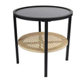 Storied Home Round Metal Accent Table with Tray Style Top and Handwoven Bamboo Storage Shelf Black/Natural