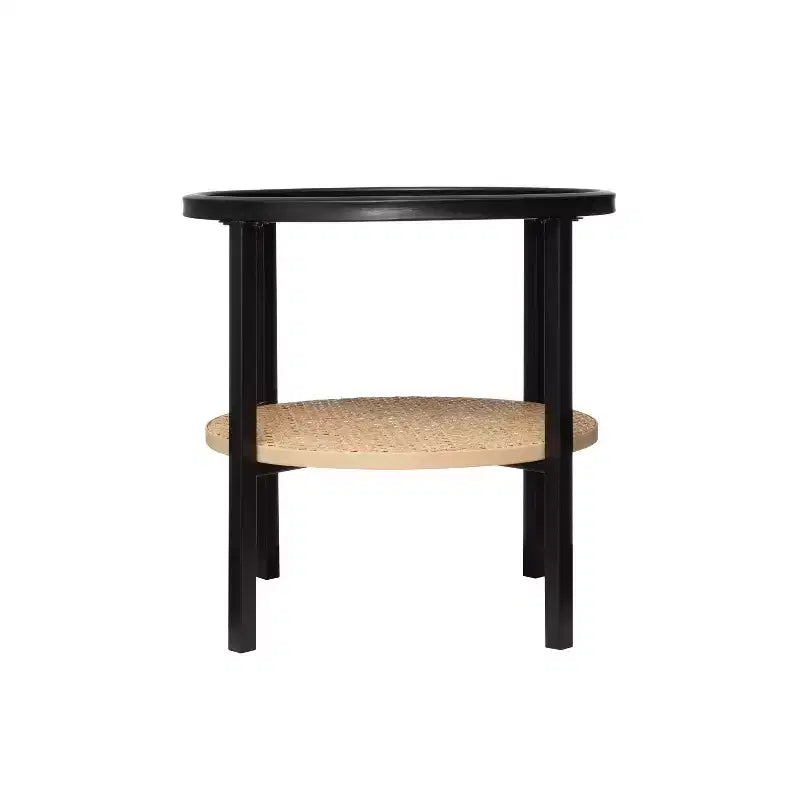 Round Metal Accent Table with Bamboo Storage Shelf, Black/Natural