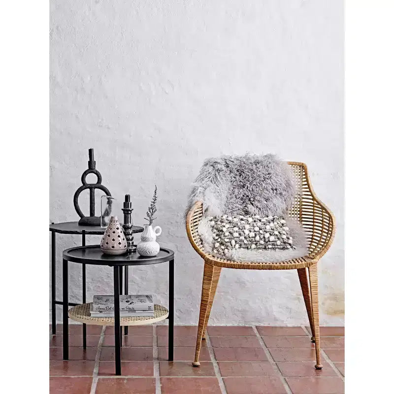 Round Metal Accent Table with Bamboo Storage Shelf, Black/Natural