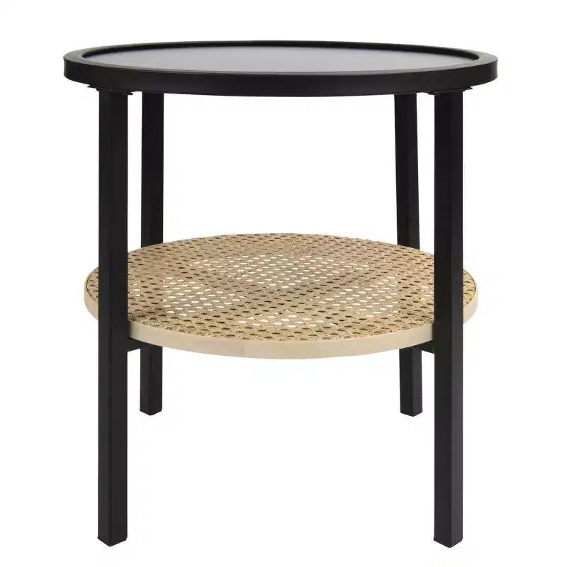 Round Metal Accent Table with Bamboo Storage Shelf, Black/Natural