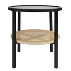 Round Metal Accent Table with Bamboo Storage Shelf, Black/Natural