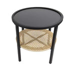 Round Metal Accent Table with Bamboo Storage Shelf, Black/Natural