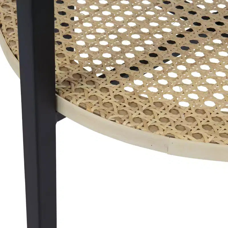 Round Metal Accent Table with Bamboo Storage Shelf, Black/Natural