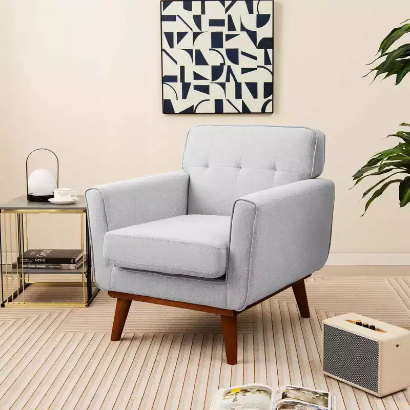 Modern Accent Chair Upholstered Linen Fabric Armchair with Removable Cushion Beige/Grey