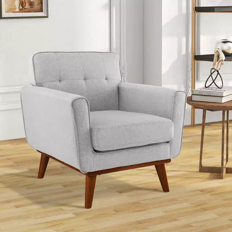 Modern Accent Chair Upholstered Linen Fabric Armchair with Removable Cushion Beige/Grey