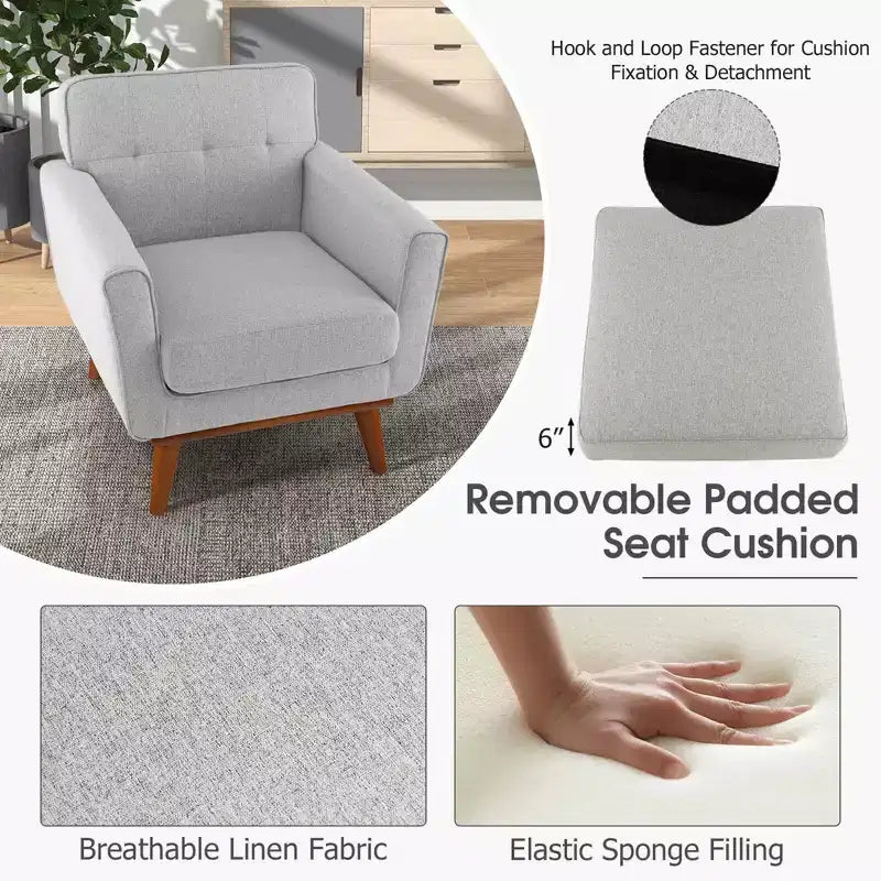 Modern Accent Chair Upholstered Linen Fabric Armchair with Removable Cushion Beige/Grey