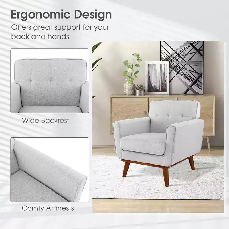 Modern Accent Chair Upholstered Linen Fabric Armchair with Removable Cushion Beige/Grey