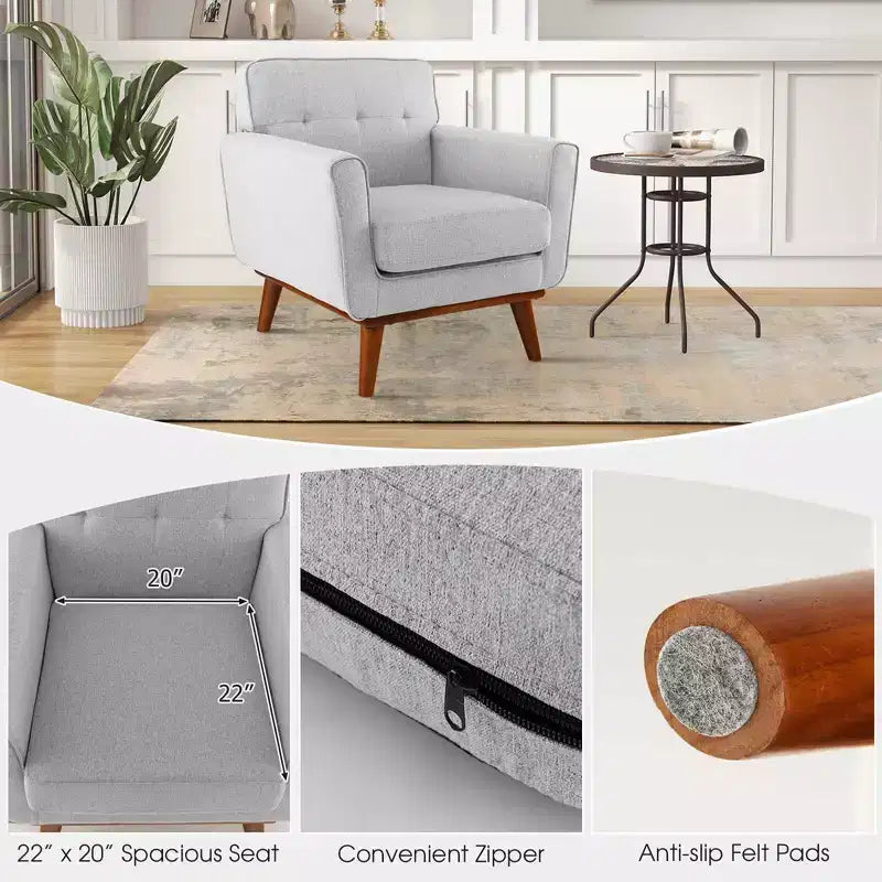Modern Accent Chair Upholstered Linen Fabric Armchair with Removable Cushion Beige/Grey