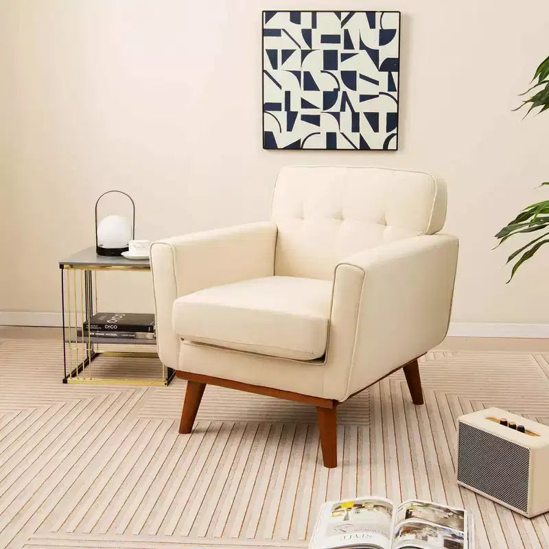 Modern Accent Chair Upholstered Linen Fabric Armchair with Removable Cushion Beige/Grey