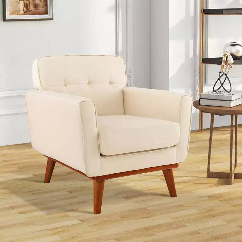 Modern Accent Chair Upholstered Linen Fabric Armchair with Removable Cushion Beige/Grey
