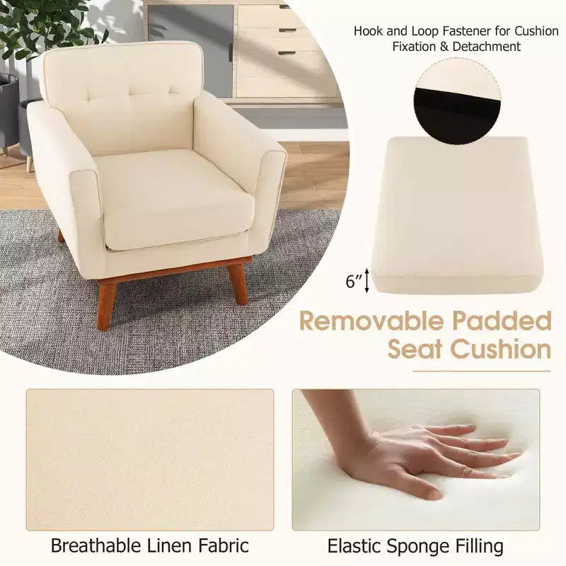 Modern Accent Chair Upholstered Linen Fabric Armchair with Removable Cushion Beige/Grey