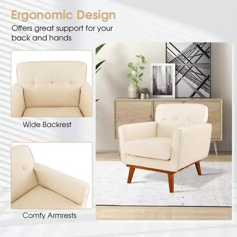 Modern Accent Chair Upholstered Linen Fabric Armchair with Removable Cushion Beige/Grey